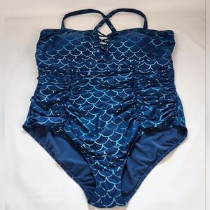 Torrid Swim Wireless One Piece Swimsuit Mermaid Metallic Scales Blue Plus 3